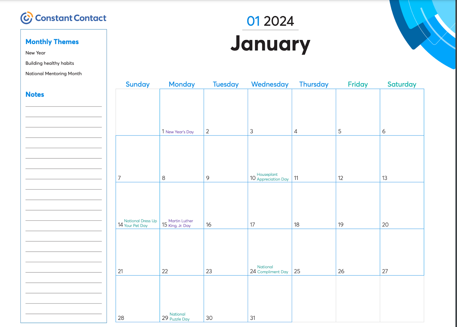 Sample content calendar from Constant Contact