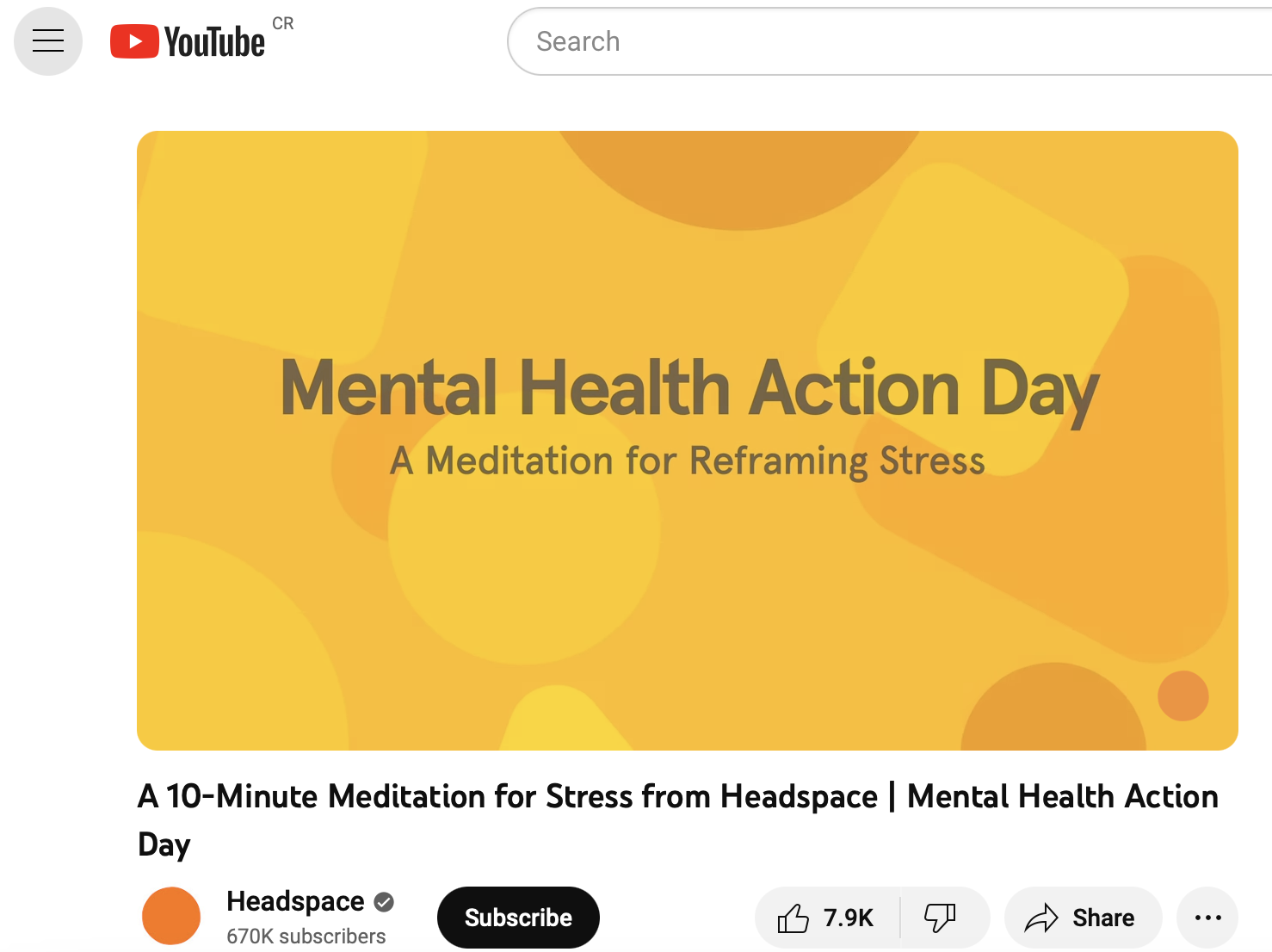 Headspace "10-Minute Mediation for Stress" video on YouTube