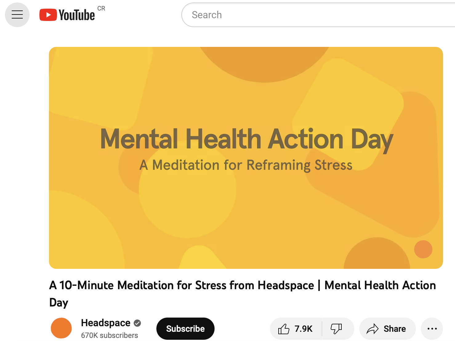 Headspace "10-Minute Mediation for Stress" video on YouTube 