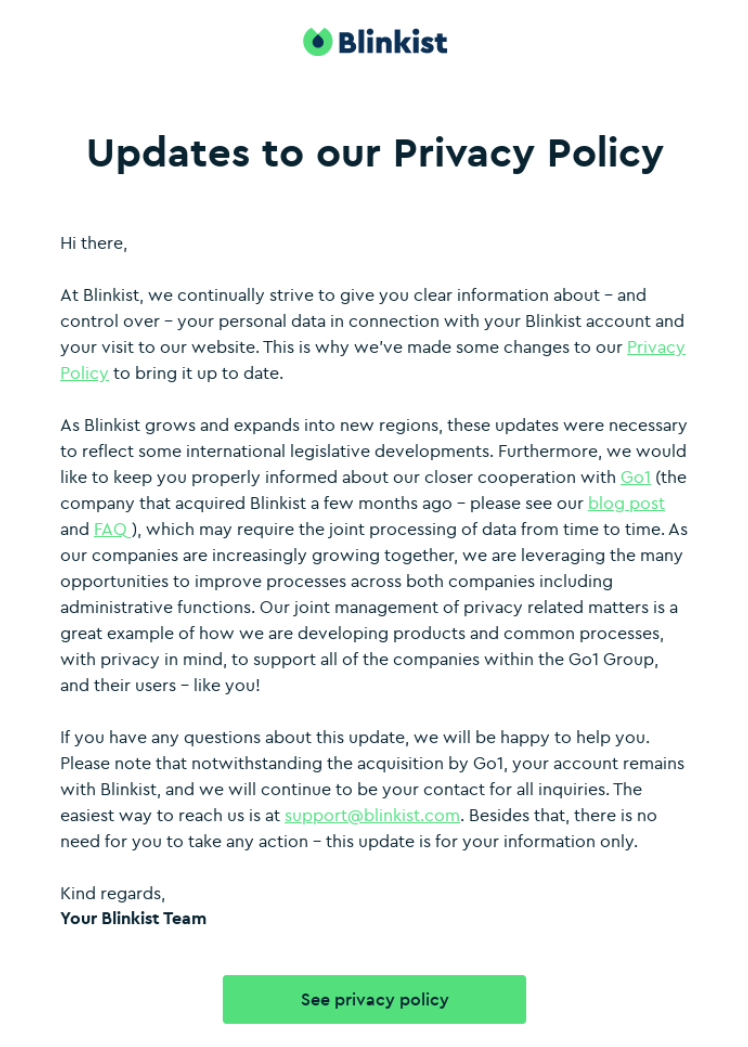 Blinkist email update on privacy policy