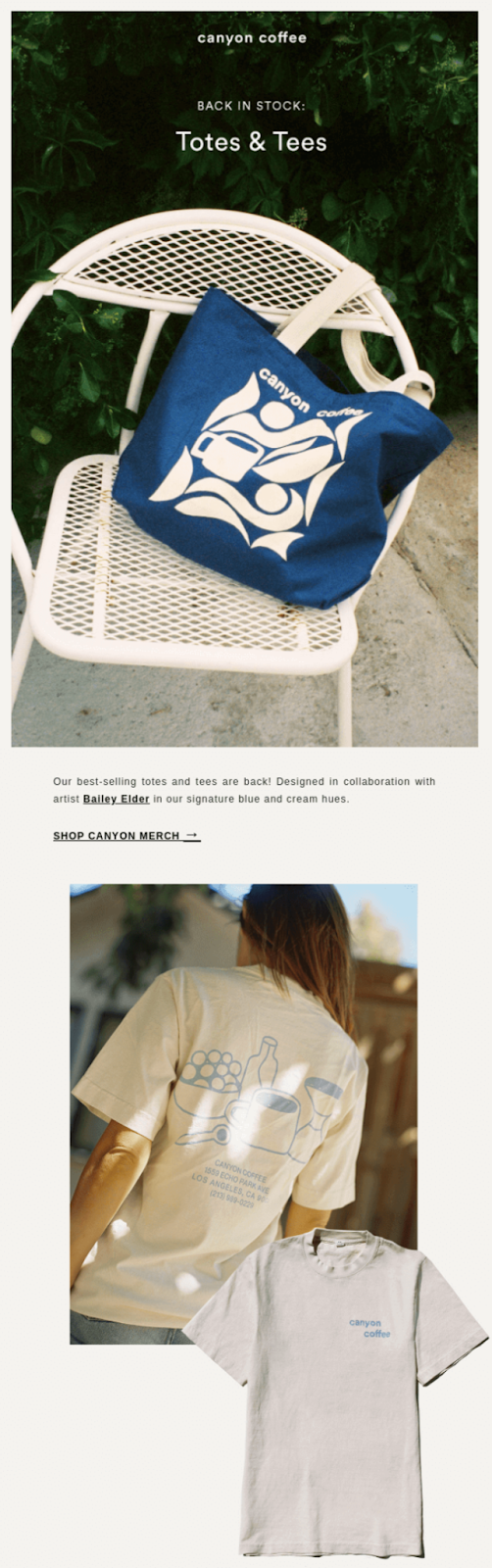 Use this Canyon Coffee promotional email for restocking merchandise, designed in collaboration with Bailey Elder to help generate email marketing ideas for your retail business