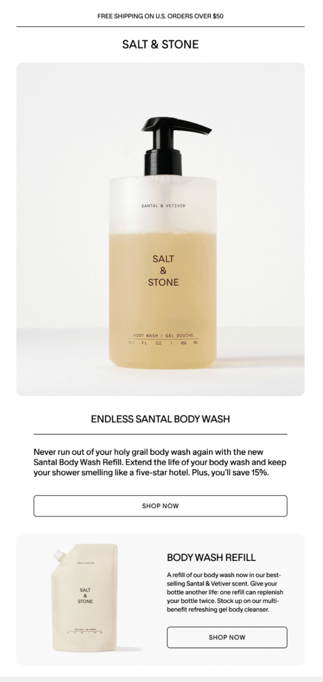 Use this Salt & Stone product email for generate email marketing ideas for your skincare business 