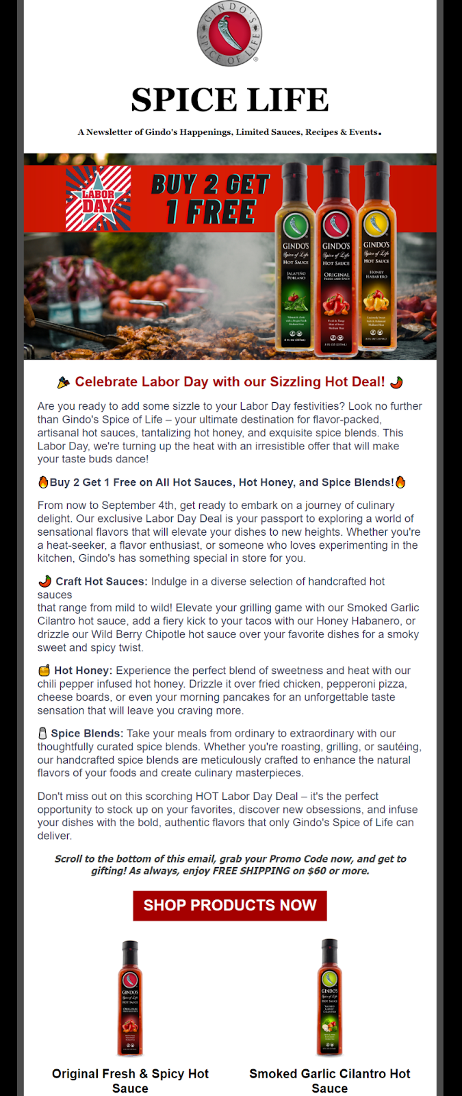 A screenshot of an email newsletter from Gindo's Spice of Life.