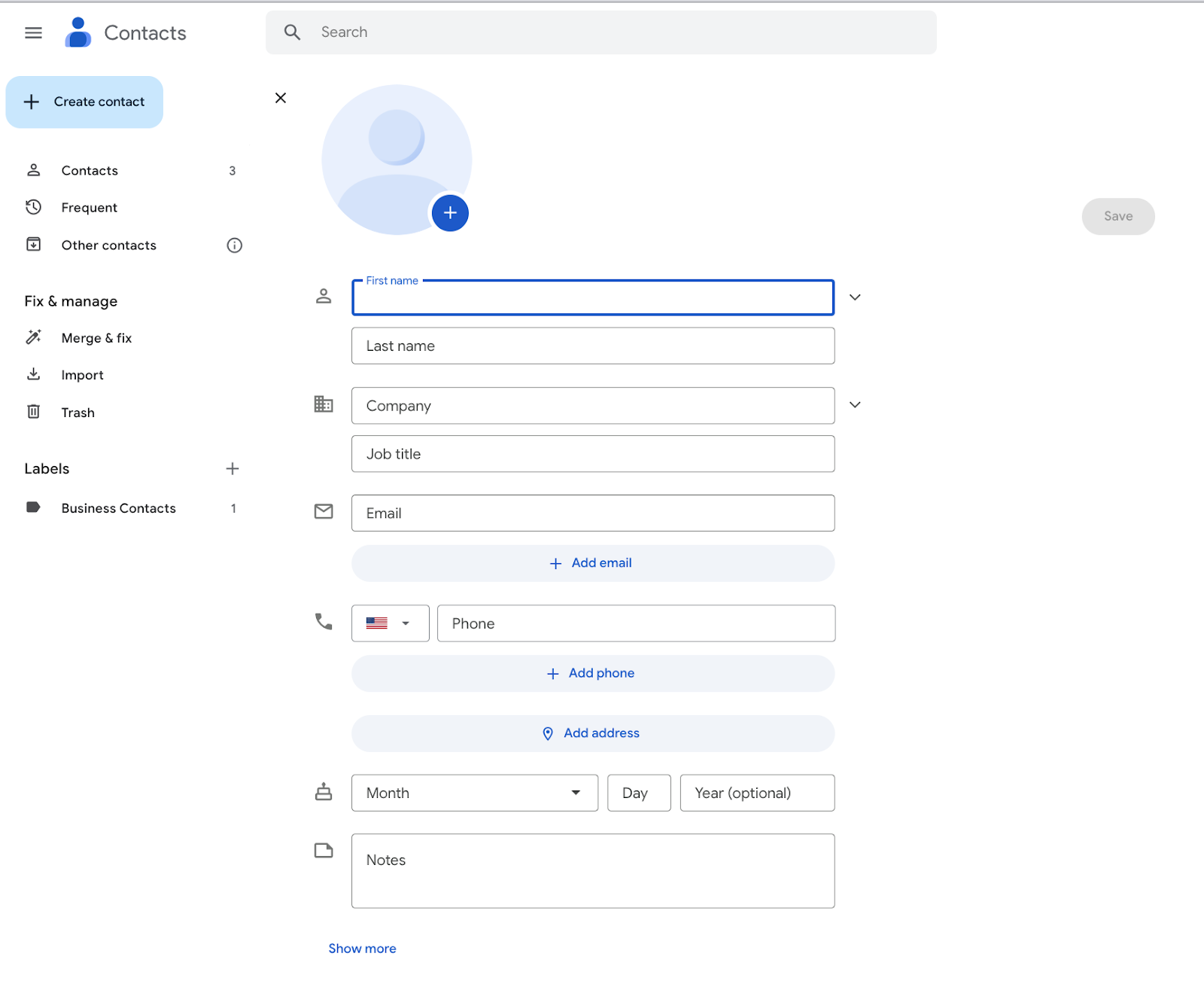 Google Contact input form