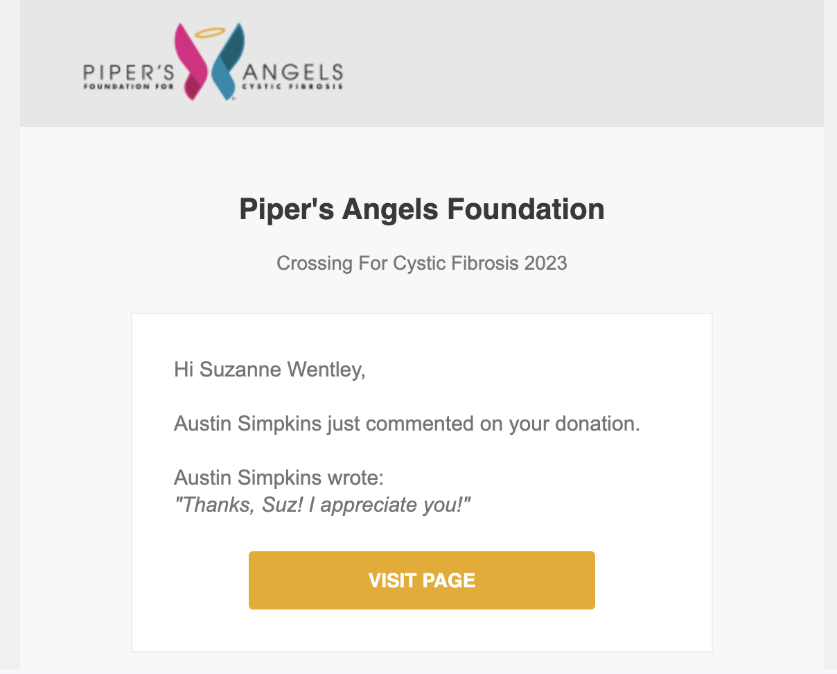 Piper's Angels Foundation segmented email for donors supporting donors