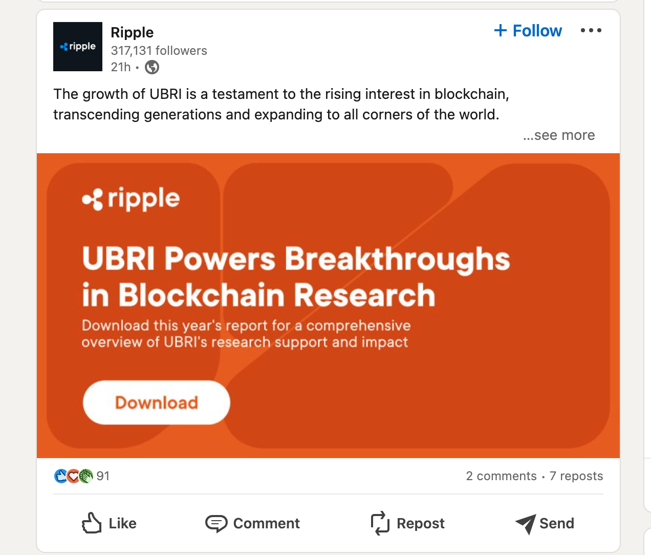 Ripple post on Linkedin 