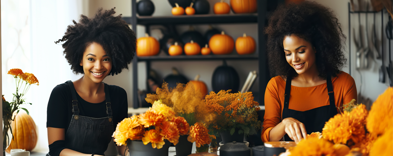 Social Media Post Ideas (fall) Blog header Business women planning their fall social media posts