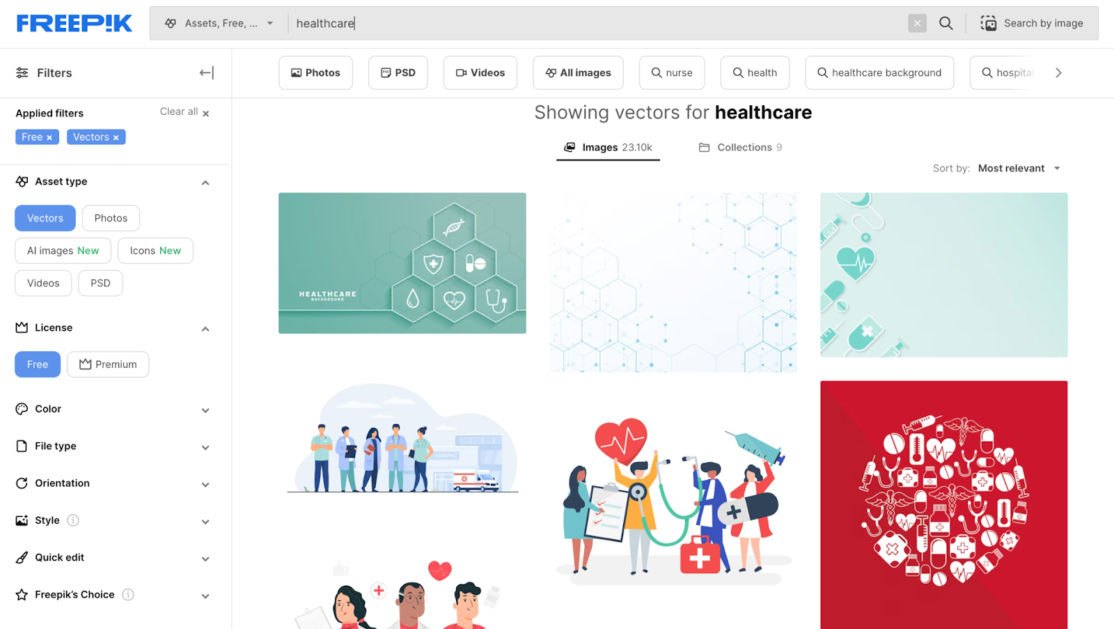 Freepik results page for "healthcare"