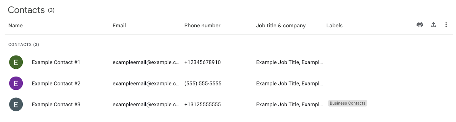 Contact list in Google Contacts