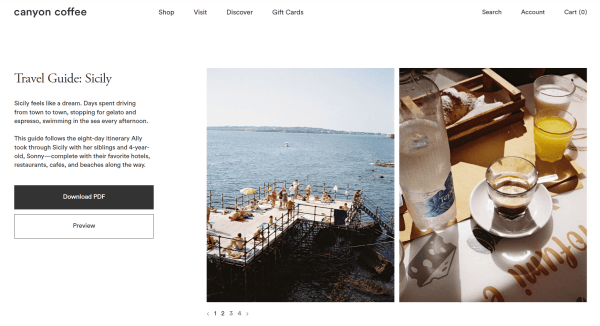 Canyon Coffee turns its travel content into a signup opportunity with a downloadable Sicily guide.