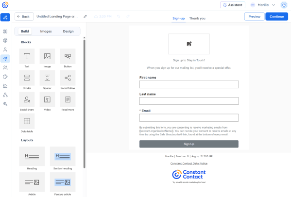 Constant Contact&rsquo;s landing page builder lets you create a dedicated email signup page to pair with QR codes and other offline promotions. 