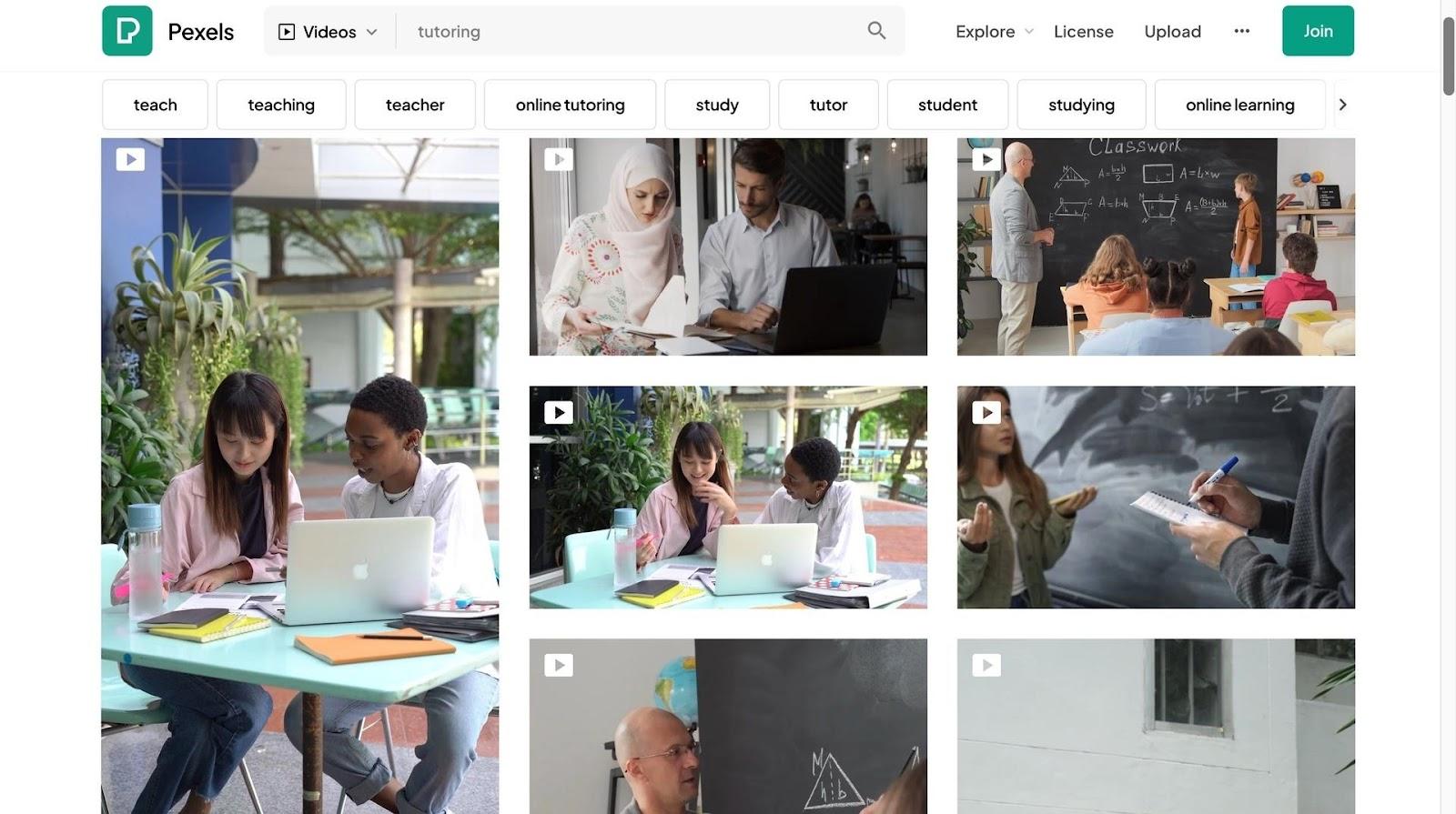 Pexels results page for "tutoring"