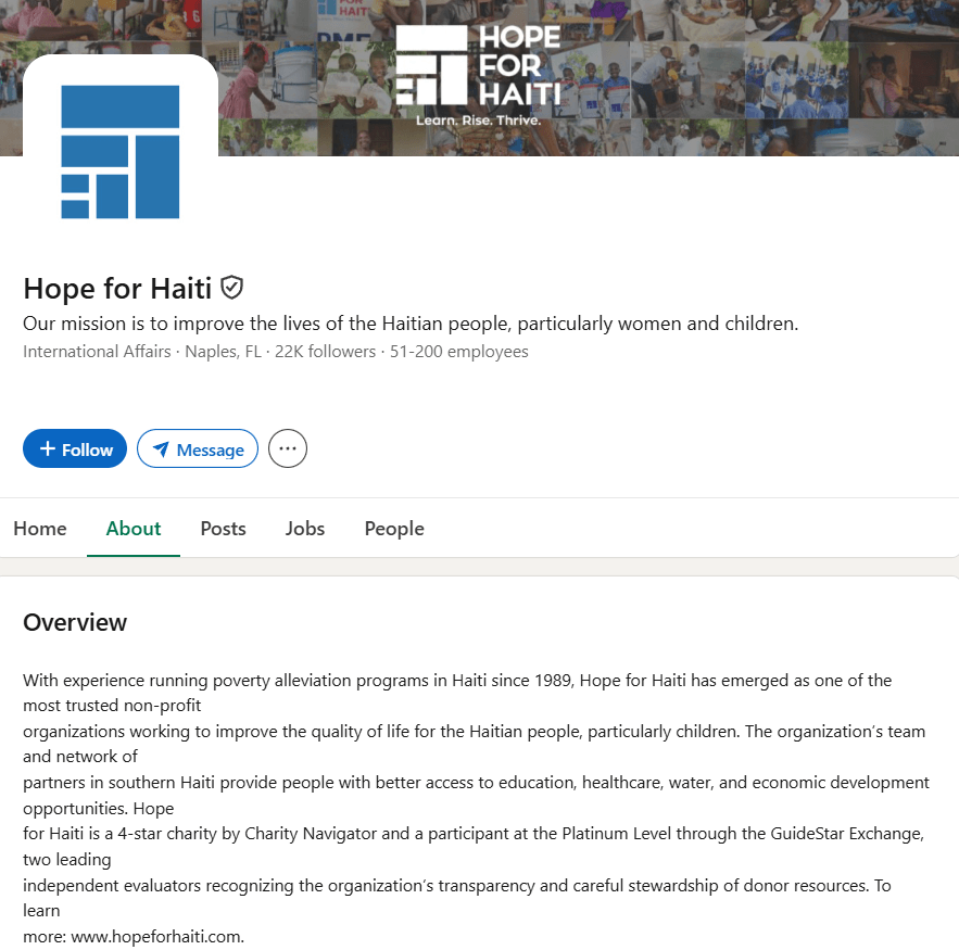 A screenshot of Hope for Haiti's LinkedIn page displaying their profile header, mission statement, and "About" overview section