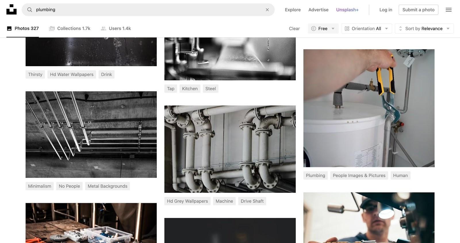 Unsplash results page for "plumbing"
