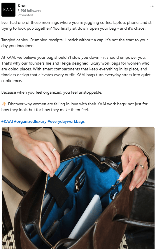A screenshot of a LinkedIn ad by Kaai promoting their luxury work bags for women with an image of a neatly-organized leather tote bag