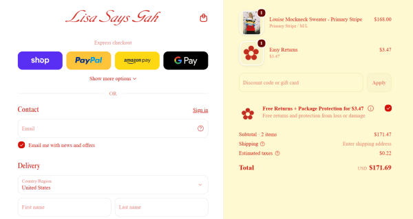 Lisa Says Gah grow its email list by giving shoppers the option to join during checkout. 