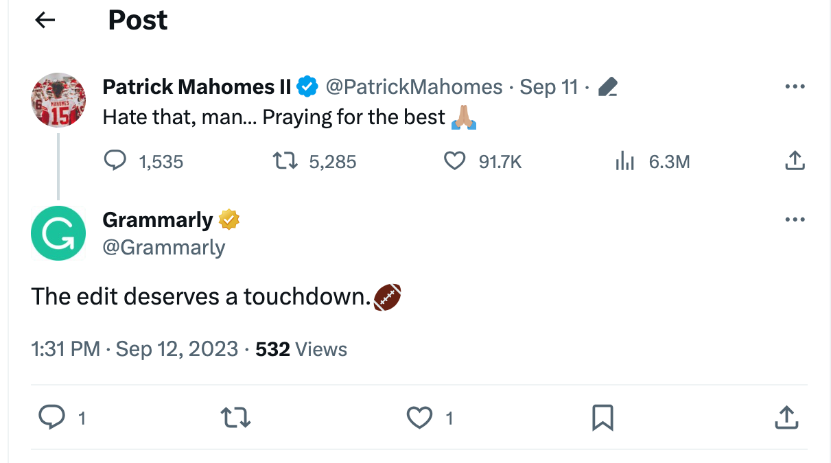 Patrick Mahomes II twitter interaction with Grammarly 