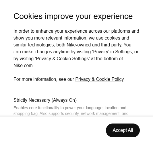 Nike's pop-up cookies notice on their website.