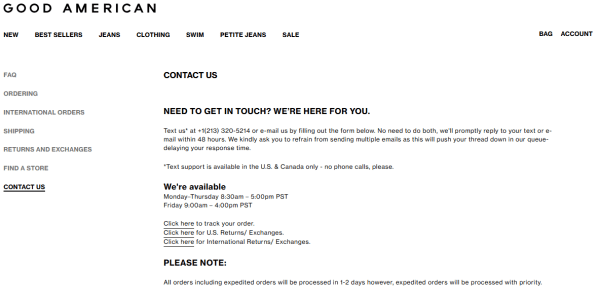 Good American's online customer service page with clear response times and contact methods.