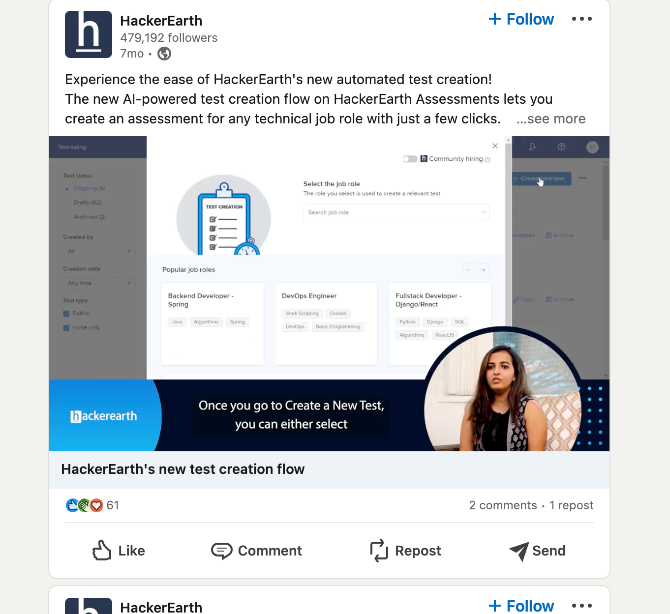 HackerEarth post on Linkedin