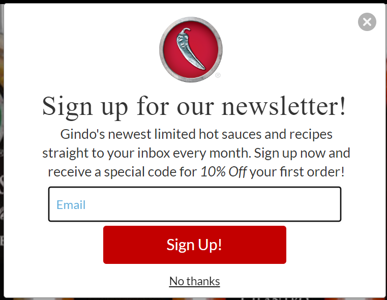 A screenshot of the email newsletter pop-up form on Gindo's Spice of Life website.