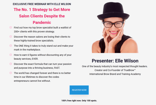 TrueBrow promotes a free webinar around a specific business challenge to encourage registrations from salon professionals. 