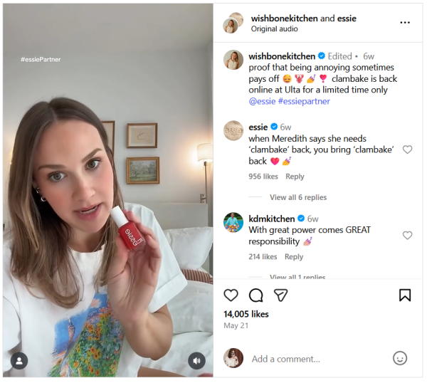 A still from a sponsored Instagram video showcasing Essie's limited-time nail polish color.
