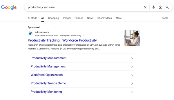 A Google search for productivity software that returns a sponsored result for ActivTrak.