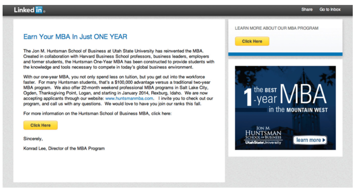 Utah State MBA LinkedIn ad campaign. 