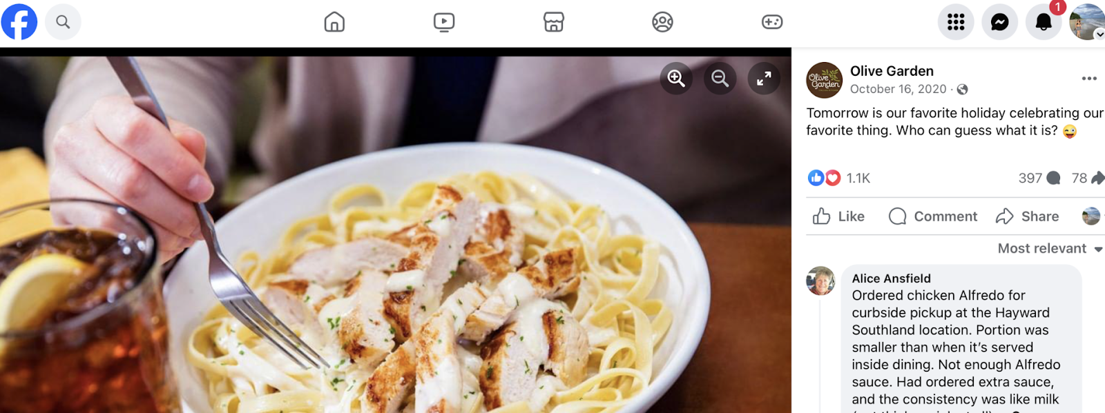Olive Garden facebook post to celebrate National Pasta Day