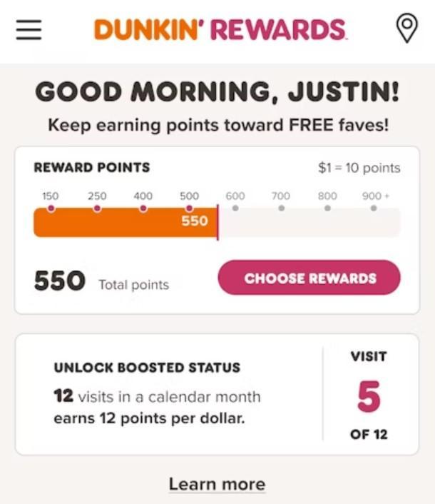 Dunkin Donuts rewards program screenshot