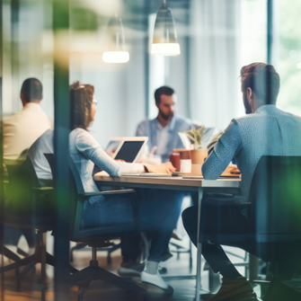 Coworkers discussing AI email marketing