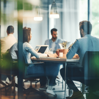 Coworkers discussing AI email marketing
