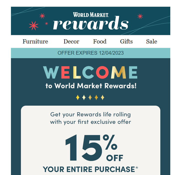 World Marketing welcome email including 15% off discount