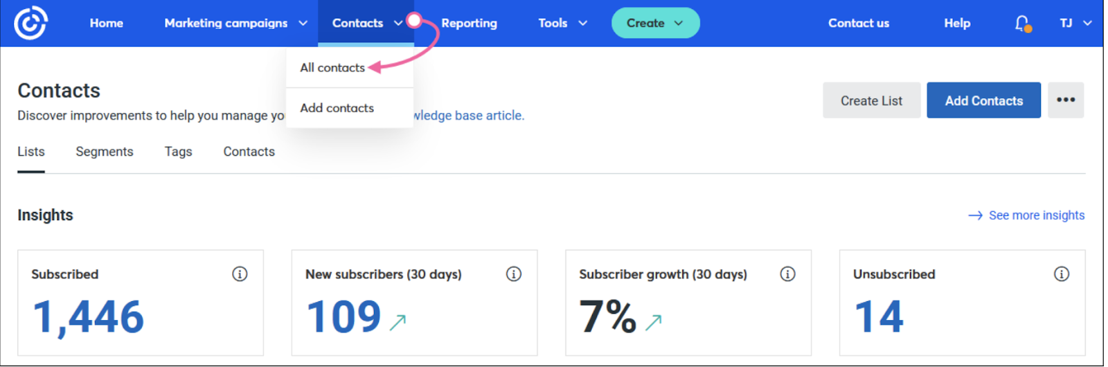 Constant Contact's contact management dashboard