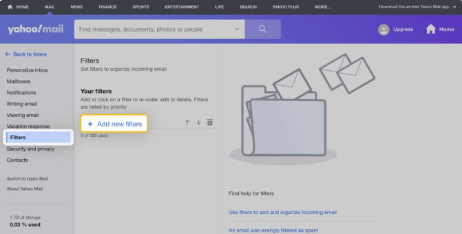 Filters tab in Yahoo! mail to whitelist emails