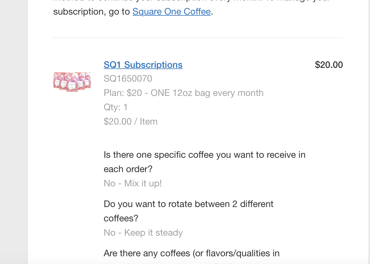 Embedded link in order confirmation email from Square One Coffee