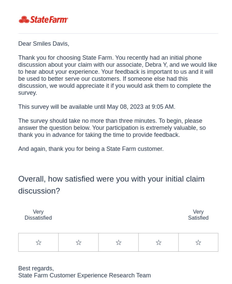 StateFarm satisfaction survey email