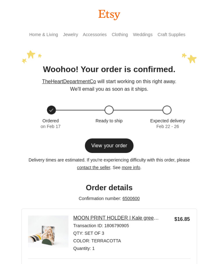 Transactional email from Etsy