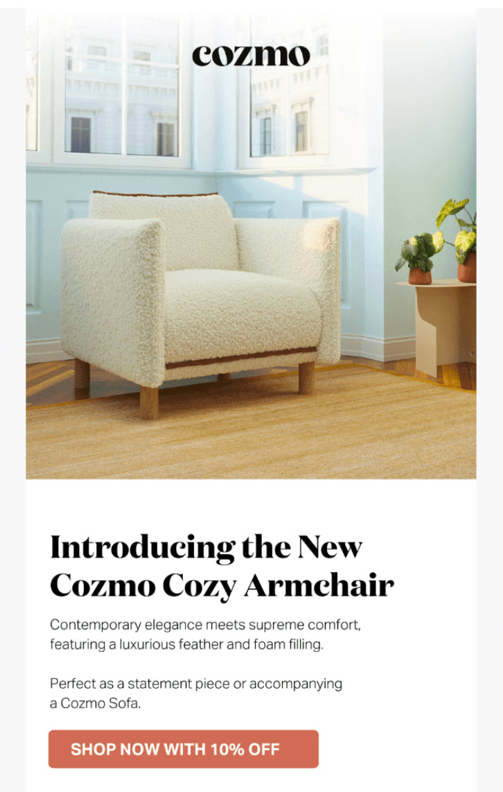 Cozmo product marketing email introducing the New Cozmo Cozy Armchair