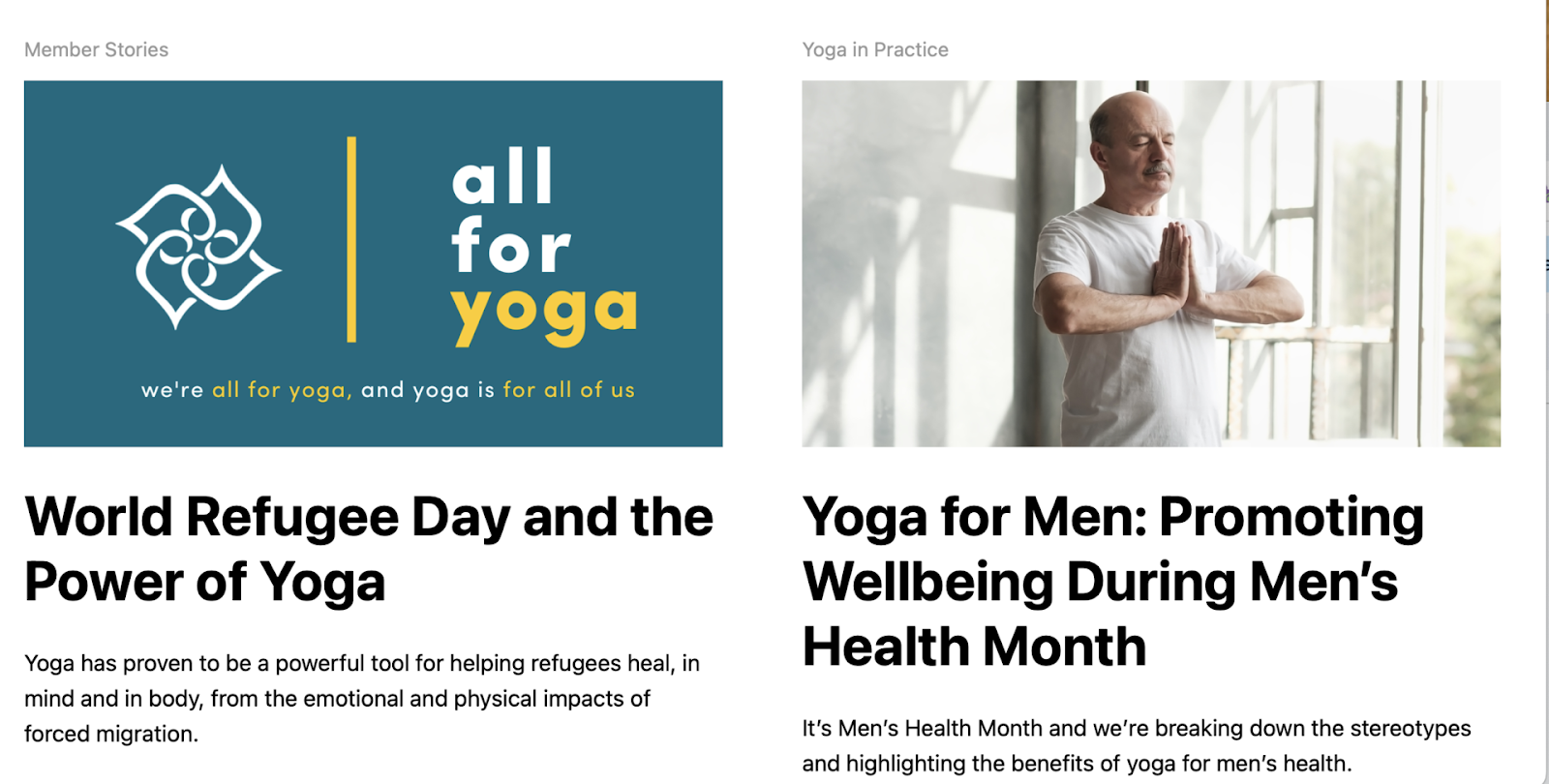 Yoga Alliance Blog main page featuring two recent posts