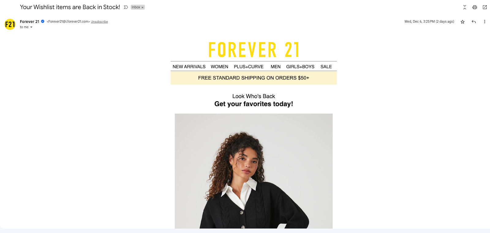 Forever 21 automated wishlist reminder email 