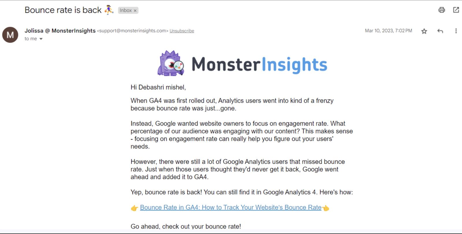 MonsterInsights b2b email marketing example