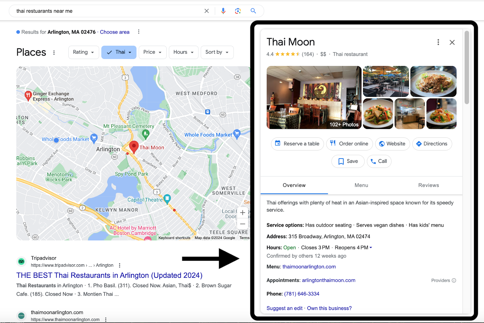 Thai Moon Google Business Profile in a "near me"  local SEO search result