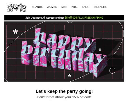 Birthday personalized email from Journeys