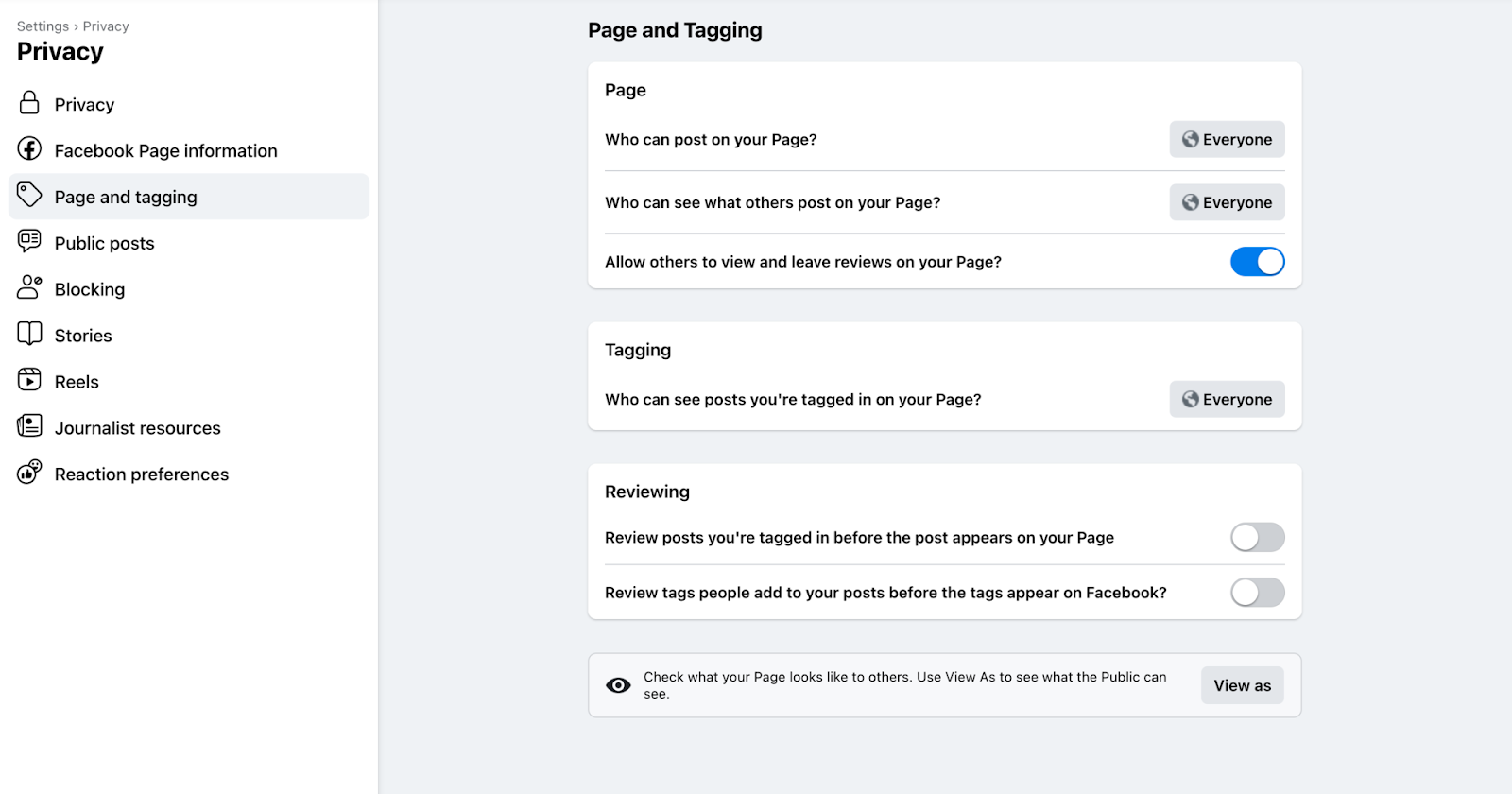 Page and tagging settings on Facebook