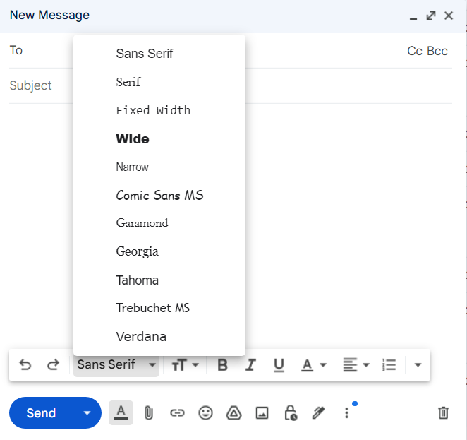 Gmail web font options 