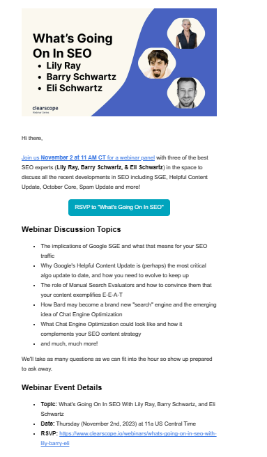 Webinar email example from Clearscope