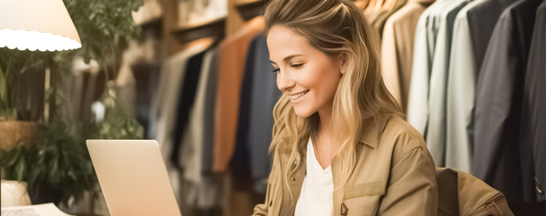 Trends in email marketing blog header business owner working on digital marketing efforts on laptop