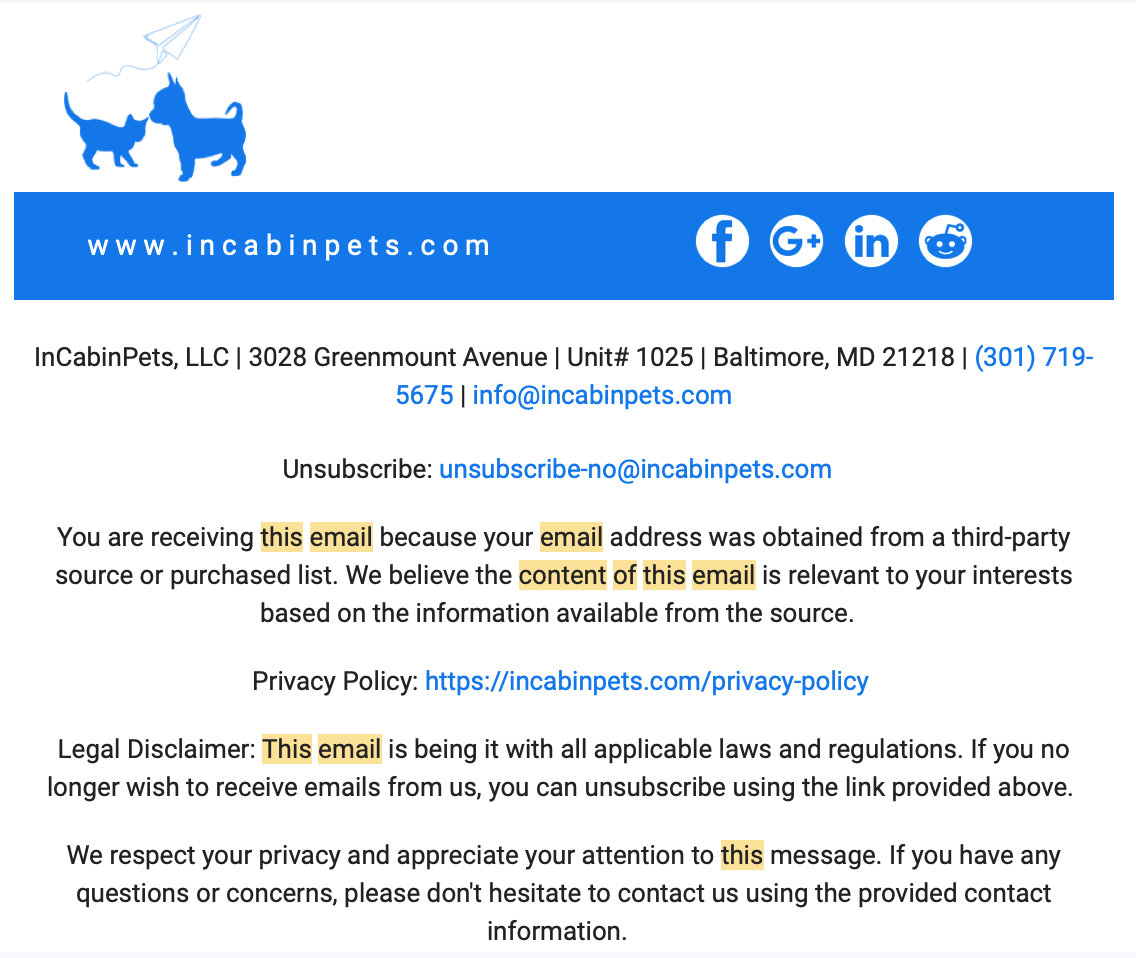 InCabinPets email footer